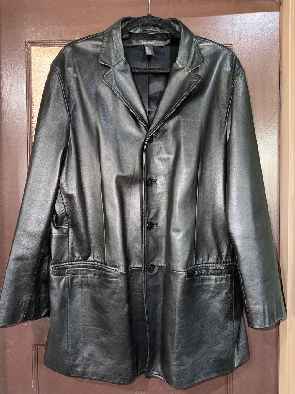 DKNY Black Leather Button-Front Blazer Coat